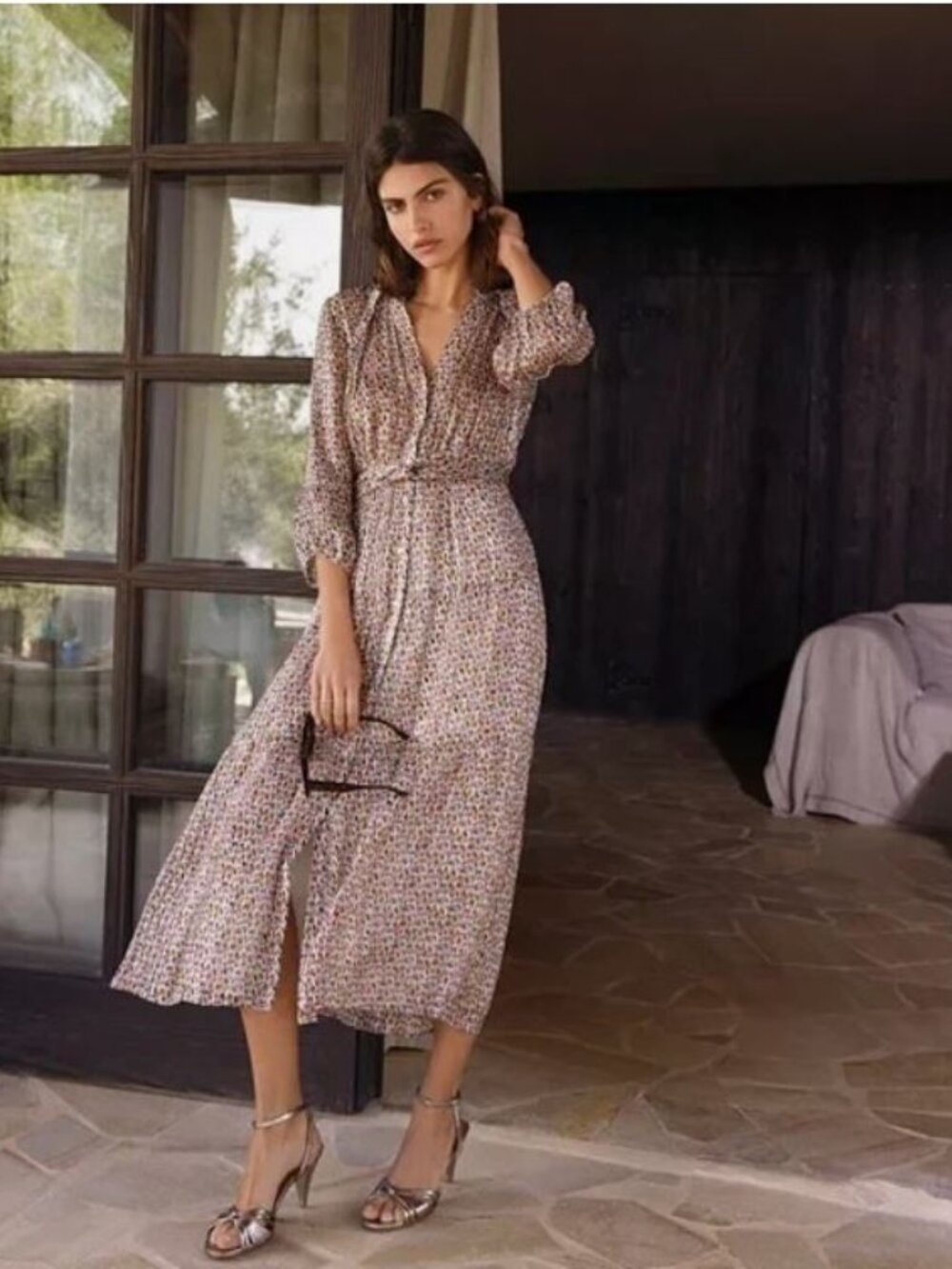 BASH Ba&sh Silk Blend Tiered Metallic 3/4 Sleeve Boho Cottage Midi Dress Sz XS